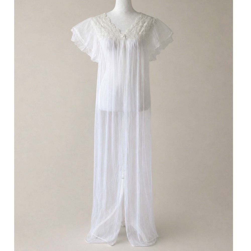 Vintage Lace Sheer Open White Maxi Nightgown Large Angel Ethereal Bridal Femme